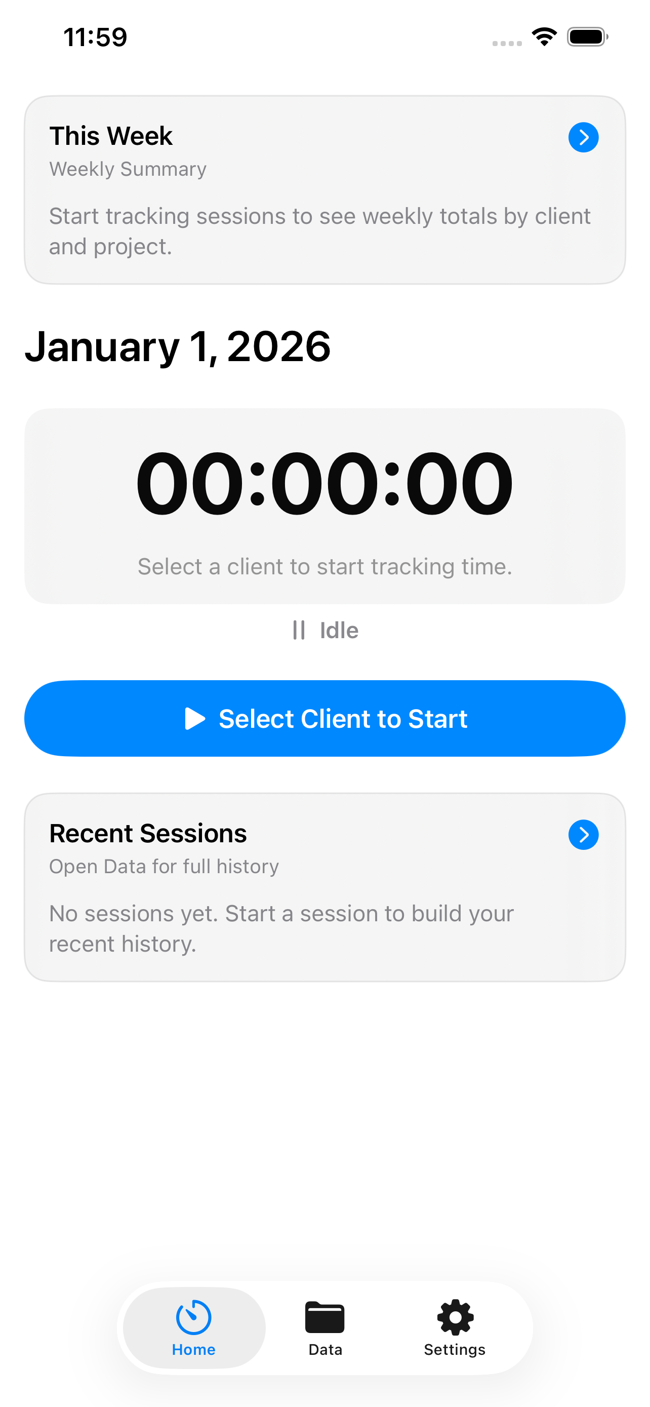 Billable home screen in idle state with start call to action
