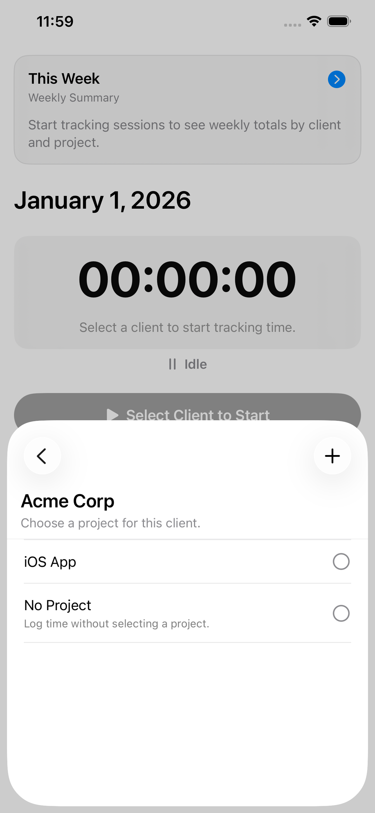 Client and project selection flow before starting timer