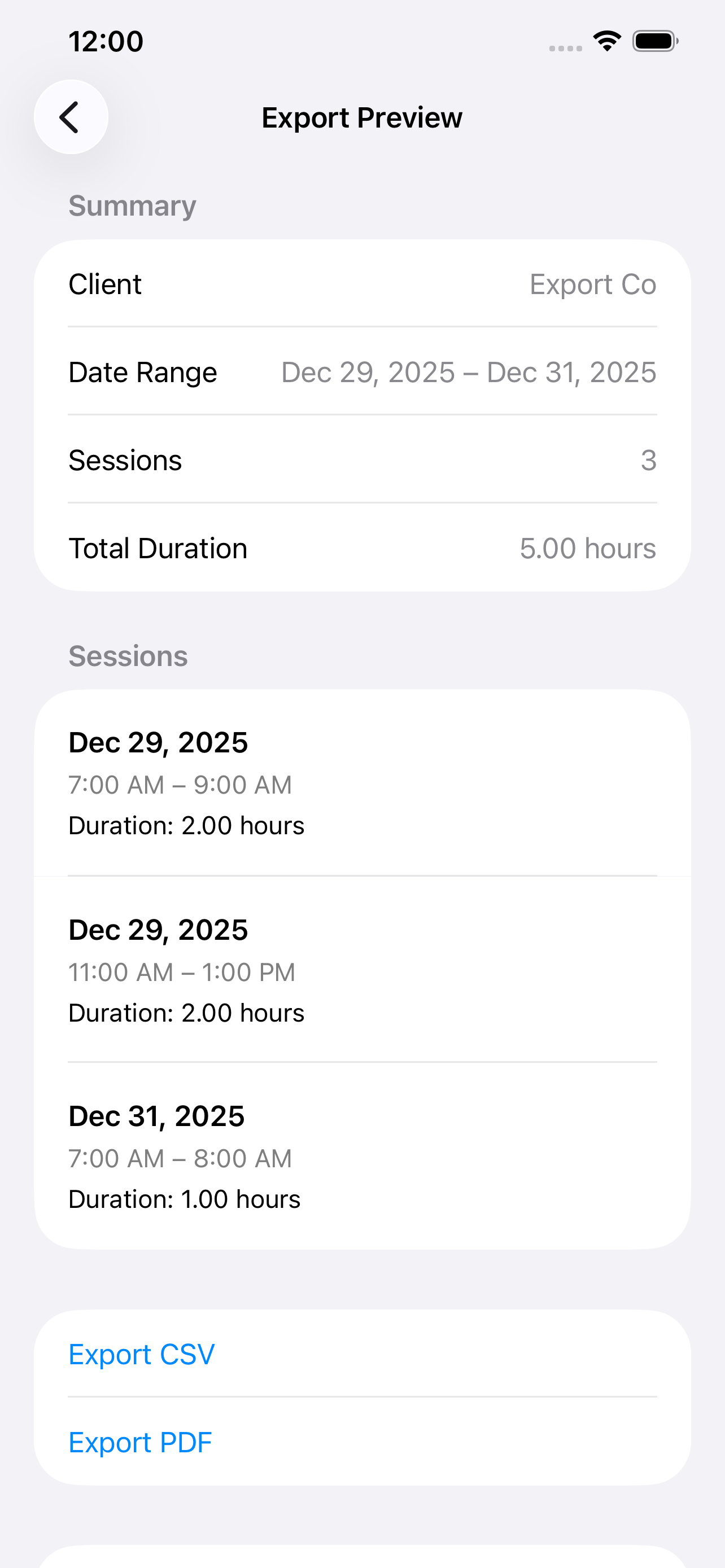 Export preview showing totals and session data